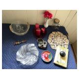 DECORATIVE GLASS DISHES, CERAMIC PLANTER,