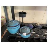 ENAMELWARE POTS W/ LIDS, METAL STAND, ENAMELWARE
