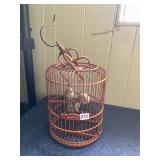 BAMBOO BIRD CAGE W/ TWO FAUX BIRDS, HANGING HOOK,