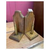OAK BOOKENDS FEATURING MOUNTED BRASS CARTRIDGE