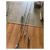 ZEBCO OMEGAT FISHING REEL, ASSORTED FISHING RODS,