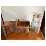WOODEN SPLINT BASKET, DIET COKE GLASS BOTTLE,