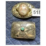 DECORATIVE BELT BUCKLES, ONE W/ AGATE STONE, ONE