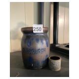 STONEWARE CROCK W/ BLUE SLIP DECORATION,