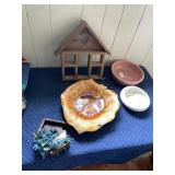 WADE OF CALIFORNIA LEAF DISH, WOODEN HEART SHELF,