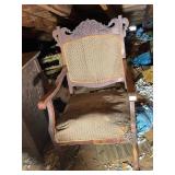 VICTORIAN STYLE ARMCHAIR, CARVED WOOD CREST RAIL,