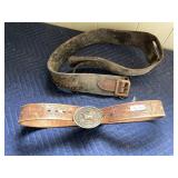 LEATHER WESTERN BELTS, ONE HAND-PAINTED W/ DEER