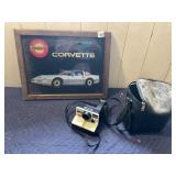 CORVETTE FRAMED MIRROR ART, POLAROID ONESTEP LAND