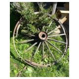 WOODEN WAGON WHEEL, IRON RIM, SPOKED DESIGN,