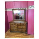 WOOD DRESSER W/ ATTACHED MIRROR, SEVEN DRAWERS,