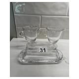CLEAR PRESSED GLASS CREAMER, SUGAR BOWL, AND
