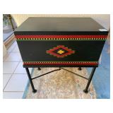 PAINTED WOOD STORAGE CHEST ON METAL STAND,