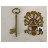 BRASS DECORATIVE KEY, BRASS FLORAL WALL PLAQUE.