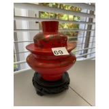 CHINESE RED LACQUER COVERED JAR, GOLD DRAGON AND