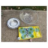 GLASS MIXING BOWL, METAL SERVING DISH, AND