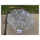 PRESSED GLASS CAKE STAND, SCALLOPED EDGE,