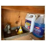 OIL CANS, FUNNEL, METAL TRAY, ANTIFREEZE,