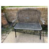 WROUGHT IRON GARDEN BENCH, MESH SEAT AND BACK,