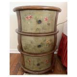 ROUND BEDSIDE CHEST, THREE DRAWERS, HAND-PAINTED