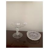 PRESSED GLASS COMPOTE, SCALLOPED RIM, LEAF STEM,