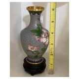 CLOISONNE VASE, FLORAL MOTIF, BRASS RIM, WOODEN