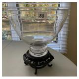 CLEAR GLASS BOWL ON CARVED WOODEN STAND, PIERCED