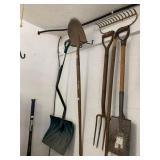 GARDEN TOOLS, INCLUDES SHOVELS, RAKES, PITCHFORK,
