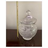 CUT GLASS COVERED CANDY DISH, DIAMOND PATTERN,