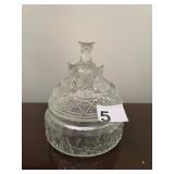 CLEAR PRESSED GLASS COVERED DISH, FIGURAL LID