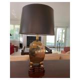 BRASS TABLE LAMP, SQUARE FORM, ETCHED ORIENTALIST
