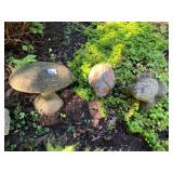 CONCRETE GARDEN ORNAMENTS, INCLUDES MUSHROOM,