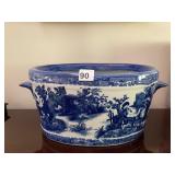 BLUE AND WHITE TRANSFERWARE OVAL SERVING BOWL,