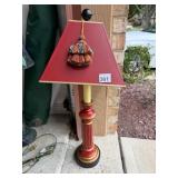 TABLE LAMP, RED LEATHER-LOOK SHADE, DECORATIVE