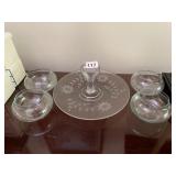ETCHED GLASS SERVING TRAY W/ CENTER HANDLE, FOUR