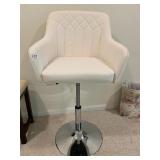 WHITE FAUX LEATHER BAR STOOL, QUILTED BACK,
