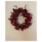 ARTIFICIAL WREATH, RED APPLES, BERRIES, FOLIAGE.