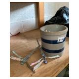 STONEWARE CROCK W/ BLUE STRIPES, PAIR OF STAINED