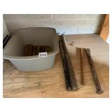 ASSORTED MASONRY CHISELS, METAL RODS, PLASTIC