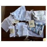 INFANT KNIT BOOTIES AND HATS, BLUE AND WHITE