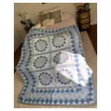 BLUE AND WHITE COTTON QUILT, FLORAL AND GINGHAM