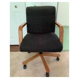 OAK OFFICE CHAIR, BLACK UPHOLSTERY W/ WHITE DOT