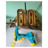 WOOD HOLDER, TOY TRICYCLE, PAIR SCONCES, ETC.