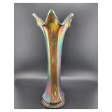 FENTON 6 PANEL GREEN CARNIVAL GLASS VASE - 9"
