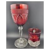RUBY GLASS STEMMED WINE GLASS  - RED CUT TO CLEAR