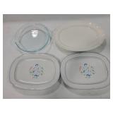 3 CERAMIC PLATTERS AND A PYREX GLASS PIE PLATE
