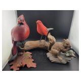 2 CARDINAL FIGURINES AND 1 SQUIRREL FIGURINE