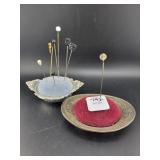 2 STERLING SILVER BASED PIN CUSIONS W/STICK PINS -