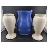 BLUE VASE AND PAIR WHITE VASES