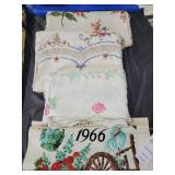 3 LINEN TABLE CLOTHS AND 1966 TEA TOWEL CALENDAR