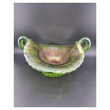 NORTHWOOD GREEN CARNIVAL GLASS BASKET - TWO HANDLE